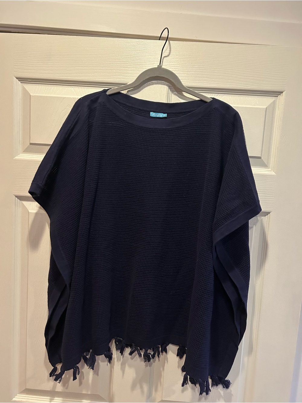 J. McLaughlin Navy Waffle Knit Fringe Poncho Top - OS